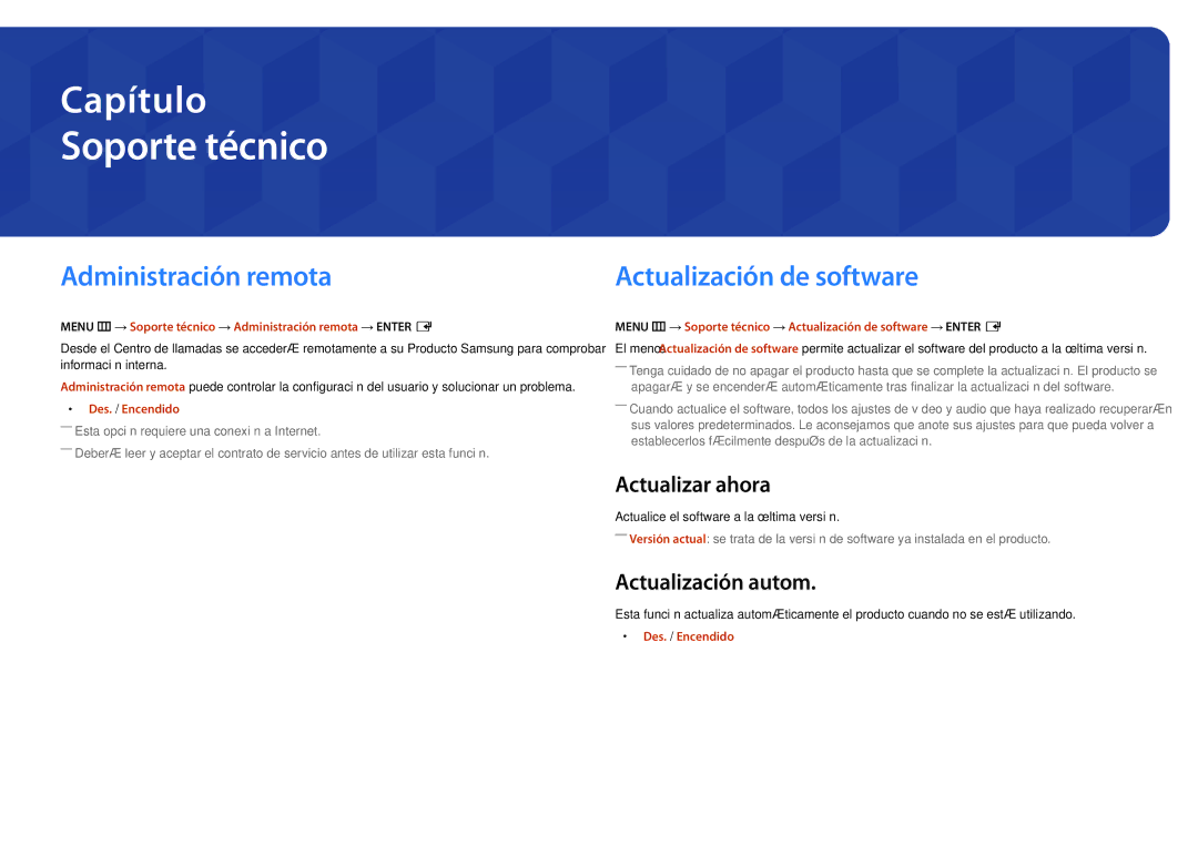 Samsung LH55DBDPLGC/NG manual Administración remota, Actualización de software, Actualización autom, Des. / Encendido 