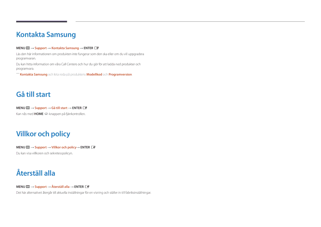 Samsung LH46UEDPLGC/UE, LH10DBDPLBC/EN, LH40DMDPLGC/EN Kontakta Samsung, Gå till start, Villkor och policy, Återställ alla 