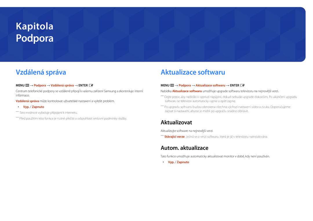 Samsung LH22DBDPSGC/EN, LH10DBDPLBC/EN Podpora, Vzdálená správa, Aktualizace softwaru, Aktualizovat, Autom. aktualizace 