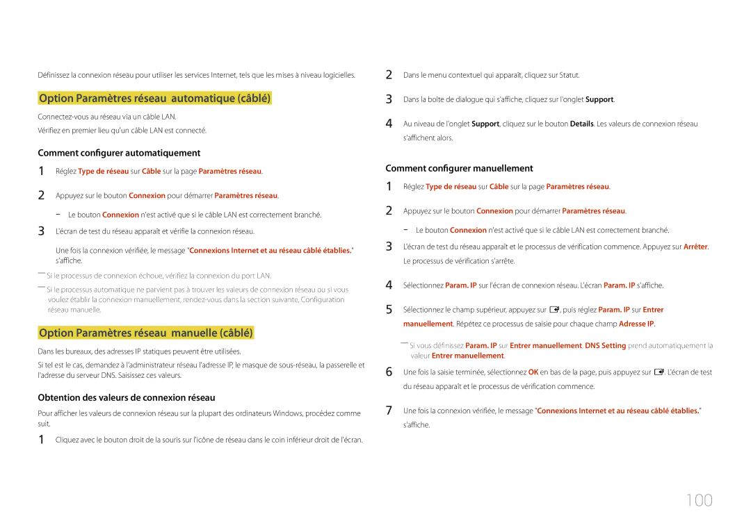 Samsung LH10DBDPLBC/EN manual 100, Option Paramètres réseau automatique câblé, Option Paramètres réseau manuelle câblé 