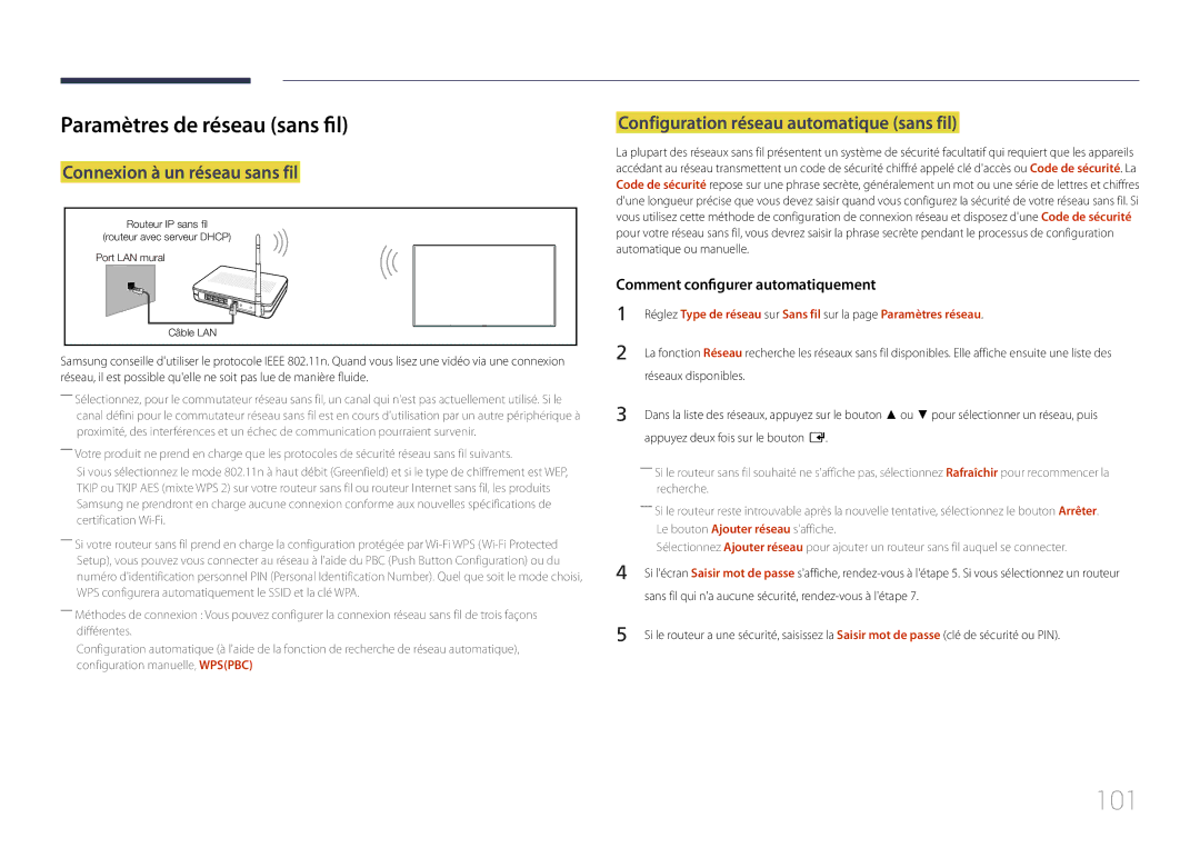 Samsung LH10DBDPLBC/EN manual 101, Paramètres de réseau sans fil, Connexion à un réseau sans fil 