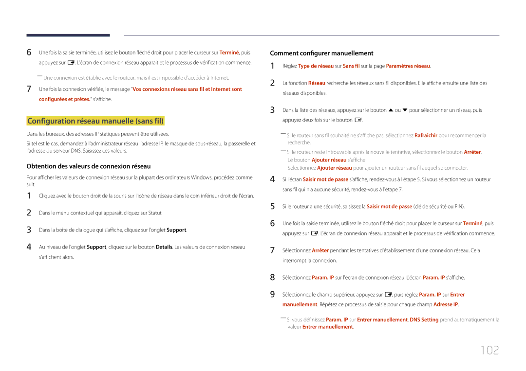 Samsung LH10DBDPLBC/EN manual 102, Configuration réseau manuelle sans fil, Interrompt la connexion 