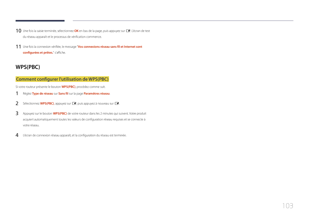 Samsung LH10DBDPLBC/EN manual 103, Comment configurer lutilisation de Wpspbc 