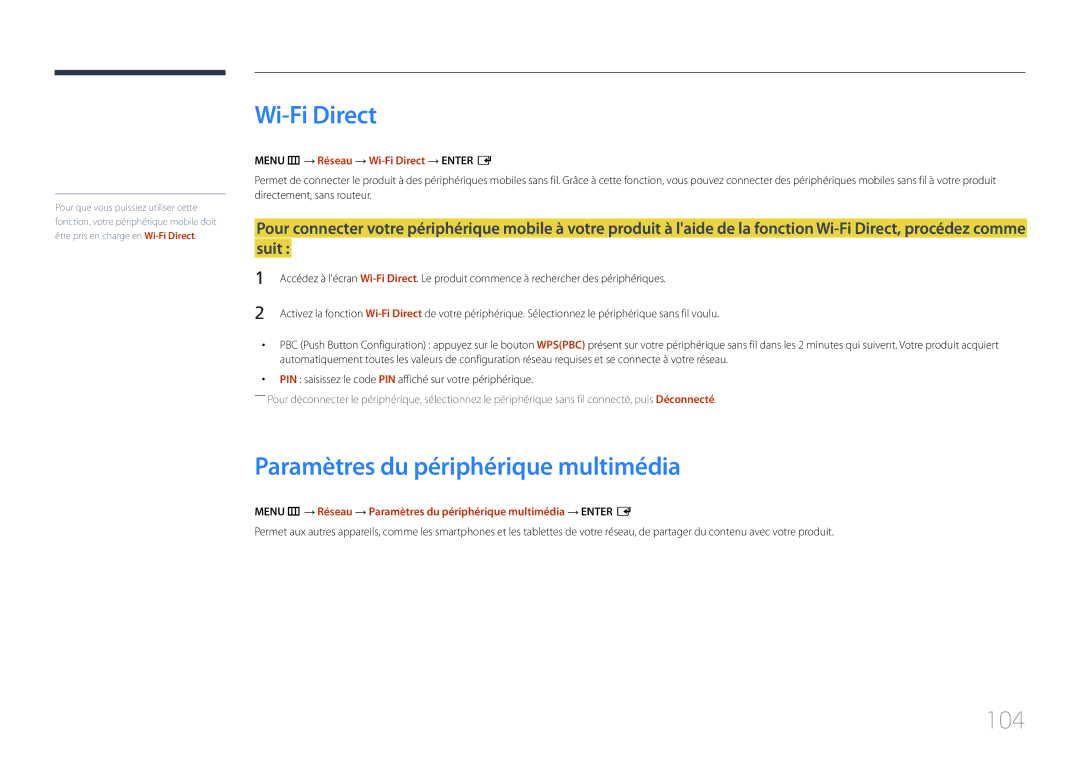 Samsung LH10DBDPLBC/EN manual Paramètres du périphérique multimédia, 104, Menu m → Réseau → Wi-Fi Direct → Enter E 