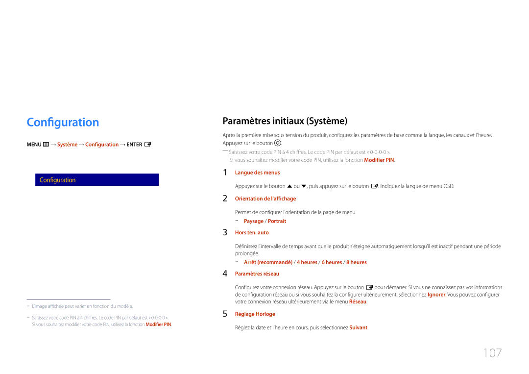 Samsung LH10DBDPLBC/EN manual Configuration, 107, Paramètres initiaux Système 