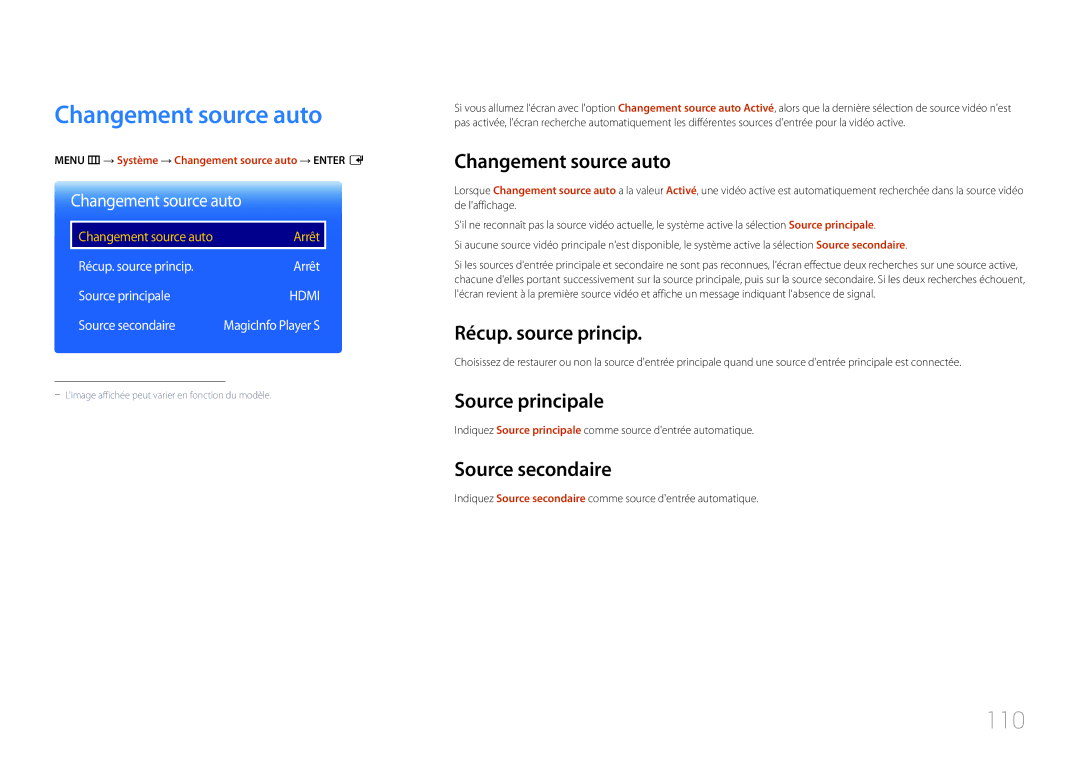 Samsung LH10DBDPLBC/EN manual Changement source auto, 110 
