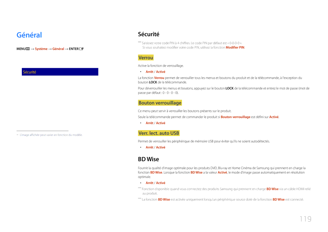Samsung LH10DBDPLBC/EN manual Général, 119, Sécurité, BD Wise 