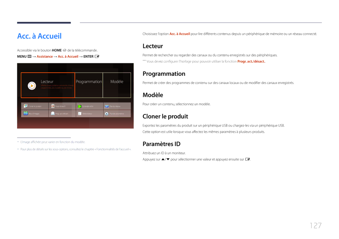 Samsung LH10DBDPLBC/EN manual Acc. à Accueil, 127 