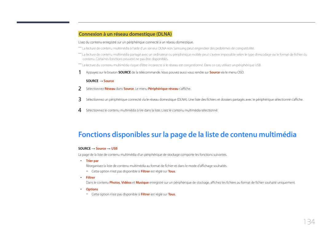 Samsung LH10DBDPLBC/EN manual 134, Connexion à un réseau domestique Dlna, Source → Source → USB 