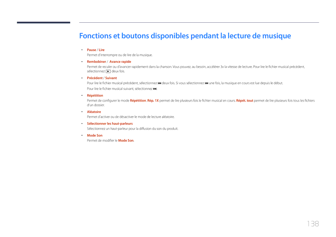 Samsung LH10DBDPLBC/EN manual 138, Permet dinterrompre ou de lire de la musique, Aléatoire, Sélectionner les haut-parleurs 