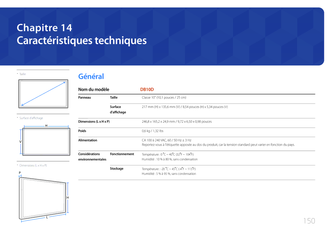 Samsung LH10DBDPLBC/EN manual Caractéristiques techniques, 150 