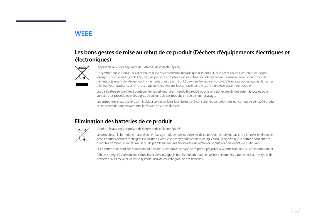 Samsung LH10DBDPLBC/EN manual 157, Elimination des batteries de ce produit 