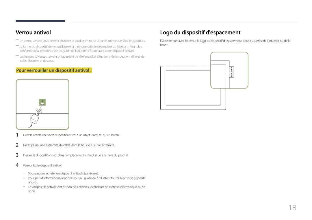 Samsung LH10DBDPLBC/EN manual Verrou antivol, Logo du dispositif despacement, Pour verrouiller un dispositif antivol 