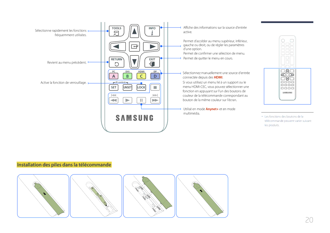 Samsung LH10DBDPLBC/EN manual Installation des piles dans la télécommande, Fréquemment utilisées Revient au menu précédent 