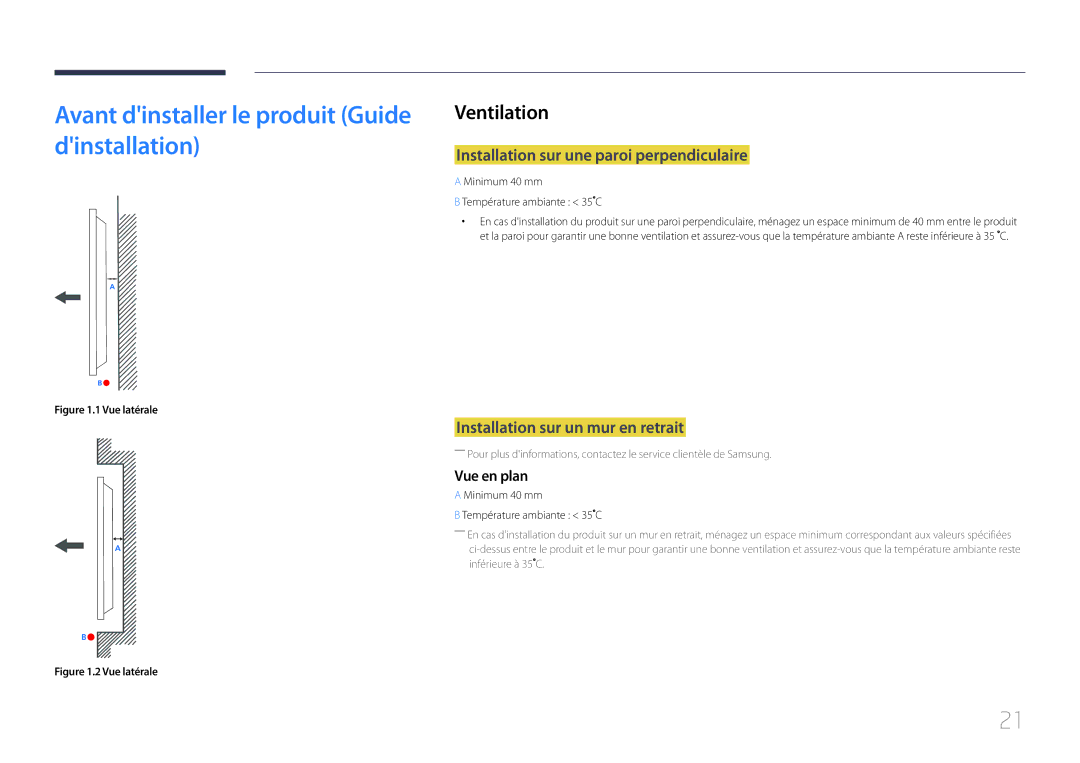 Samsung LH10DBDPLBC/EN Avant dinstaller le produit Guide dinstallation, Ventilation, Installation sur un mur en retrait 
