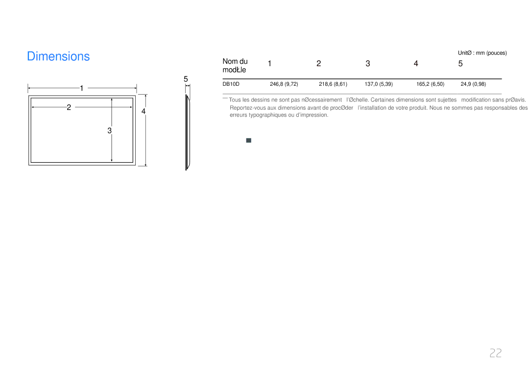 Samsung LH10DBDPLBC/EN manual Dimensions, Nom du Modèle 