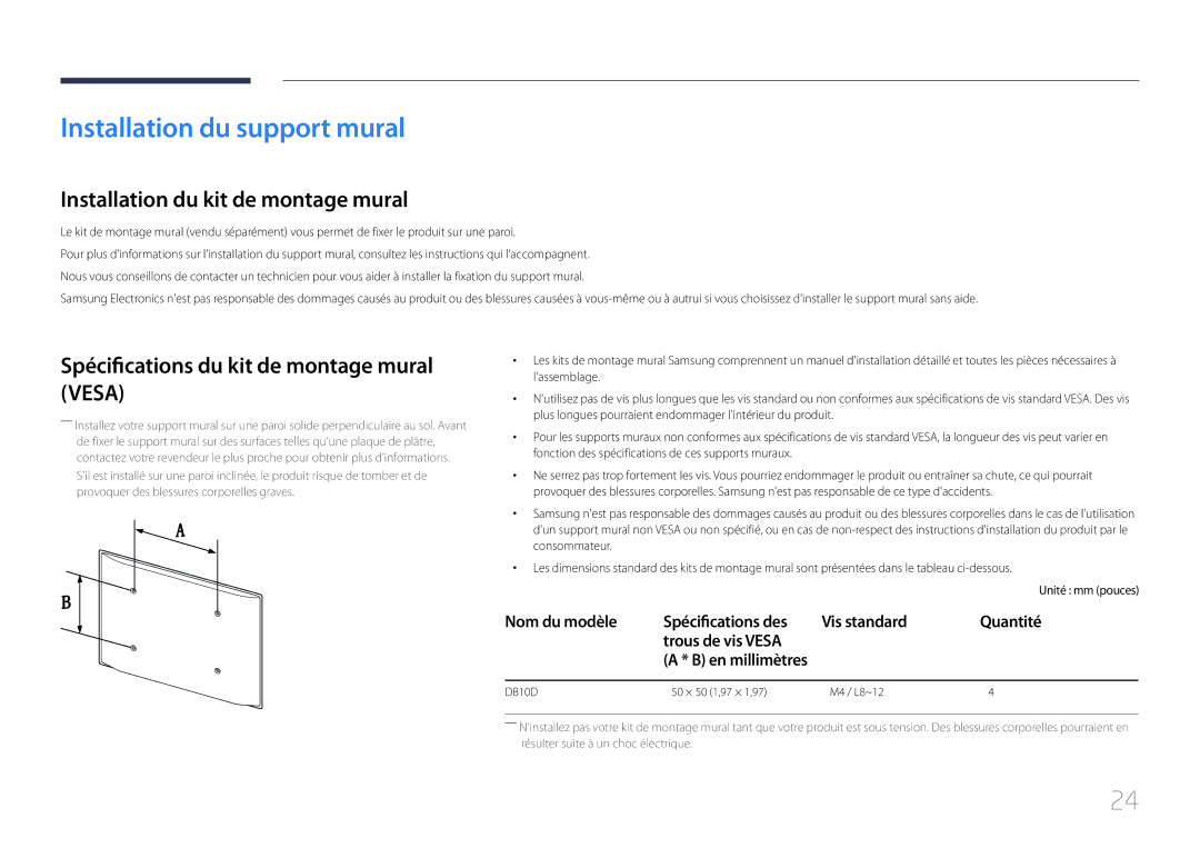 Samsung LH10DBDPLBC/EN manual Installation du support mural, Installation du kit de montage mural 