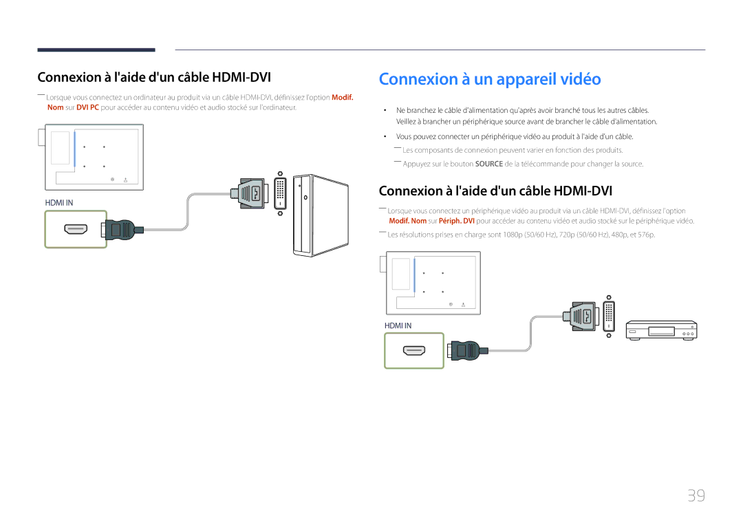 Samsung LH10DBDPLBC/EN manual Connexion à un appareil vidéo, Connexion à laide dun câble HDMI-DVI 