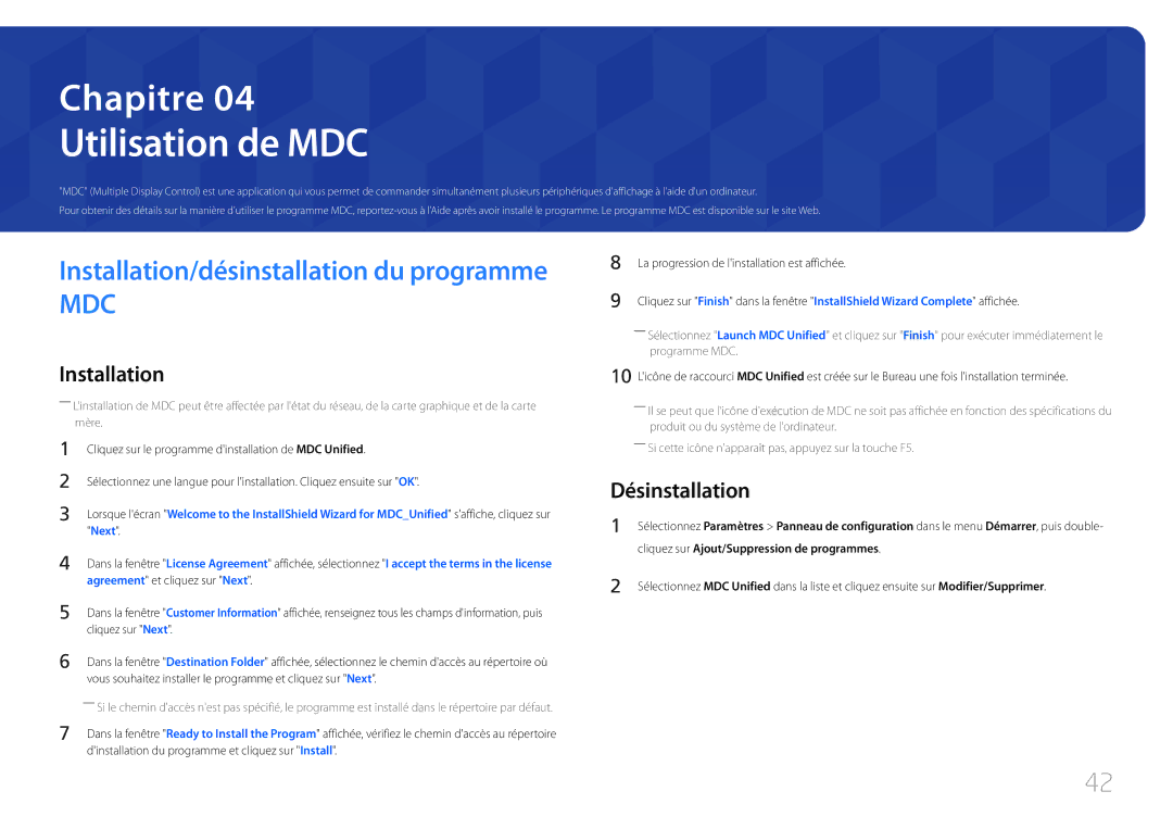 Samsung LH10DBDPLBC/EN manual Utilisation de MDC, Désinstallation, Cliquez sur Ajout/Suppression de programmes 