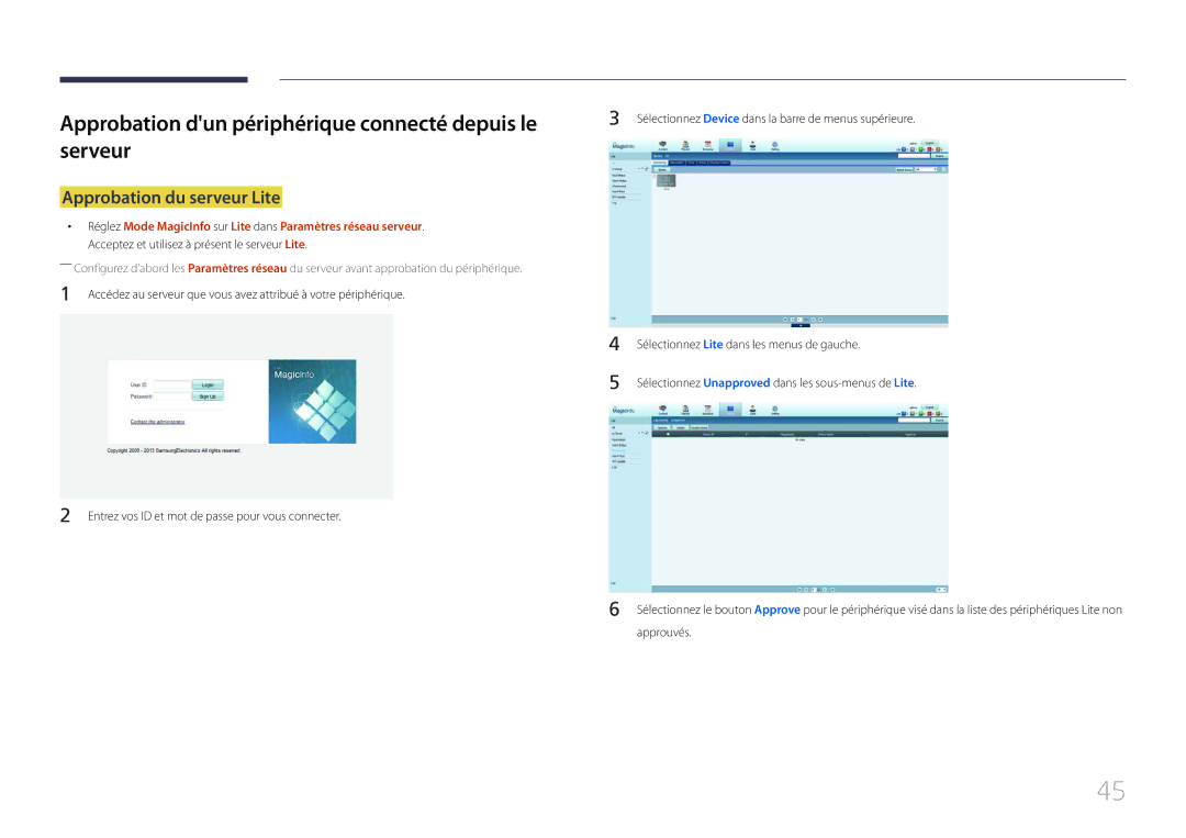 Samsung LH10DBDPLBC/EN manual Approbation dun périphérique connecté depuis le serveur, Approbation du serveur Lite 