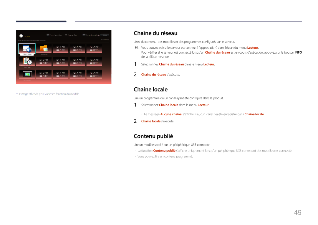 Samsung LH10DBDPLBC/EN manual Contenu publié, Chaîne du réseau sexécute, Chaîne locale sexécute 