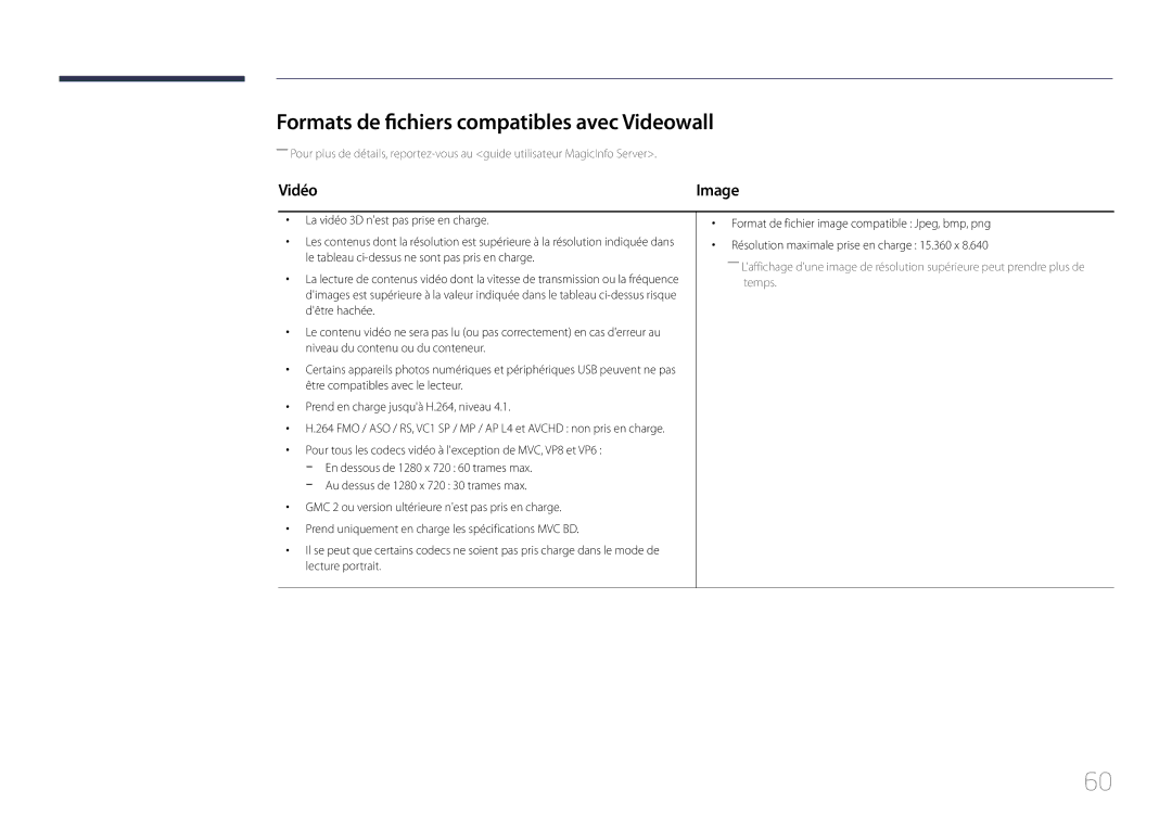 Samsung LH10DBDPLBC/EN manual Formats de fichiers compatibles avec Videowall, Vidéo 