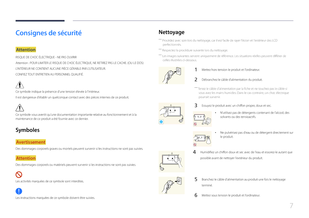 Samsung LH10DBDPLBC/EN manual Consignes de sécurité, Nettoyage, Symboles 