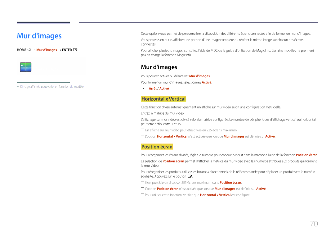 Samsung LH10DBDPLBC/EN manual Mur dimages, Horizontal x Vertical, Position écran 