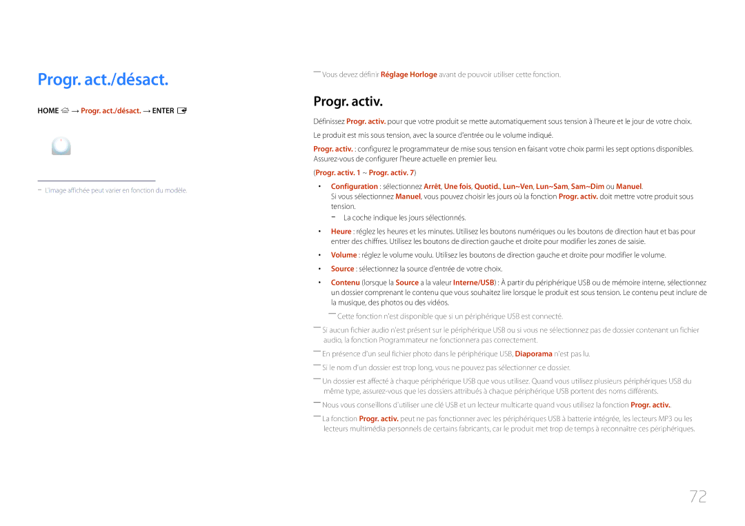 Samsung LH10DBDPLBC/EN manual Progr. activ, Home → Progr. act./désact. → Enter E 