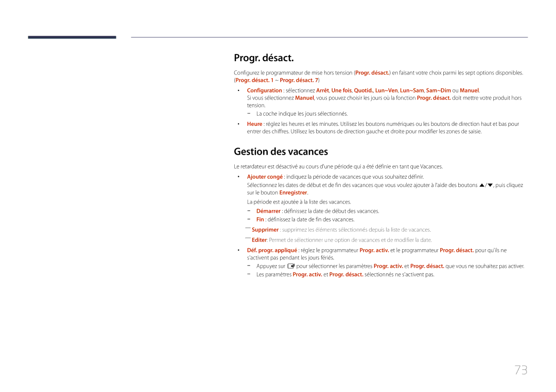 Samsung LH10DBDPLBC/EN manual Progr. désact, Gestion des vacances 