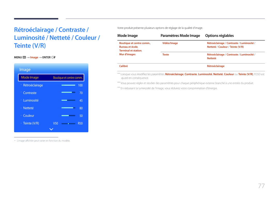 Samsung LH10DBDPLBC/EN manual Mode Image, Options réglables, Menu m → Image → Enter E 