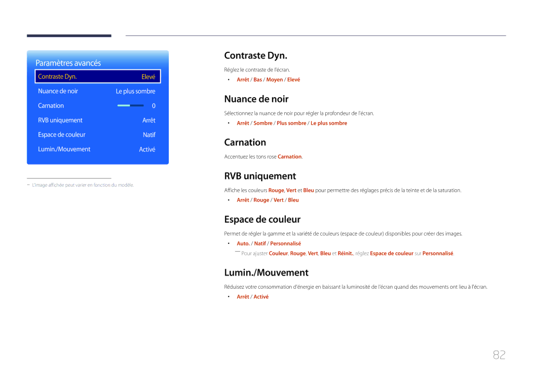 Samsung LH10DBDPLBC/EN manual Contraste Dyn, Nuance de noir, Carnation, RVB uniquement, Espace de couleur, Lumin./Mouvement 