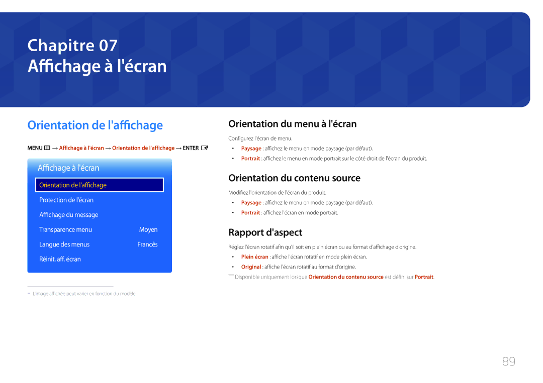 Samsung LH10DBDPLBC/EN manual Affichage à lécran, Orientation de laffichage, Orientation du menu à lécran, Rapport daspect 