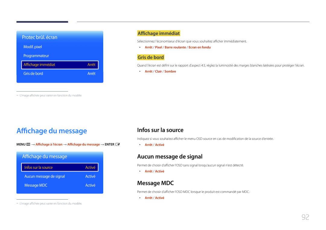 Samsung LH10DBDPLBC/EN manual Affichage du message, Infos sur la source, Aucun message de signal, Message MDC 