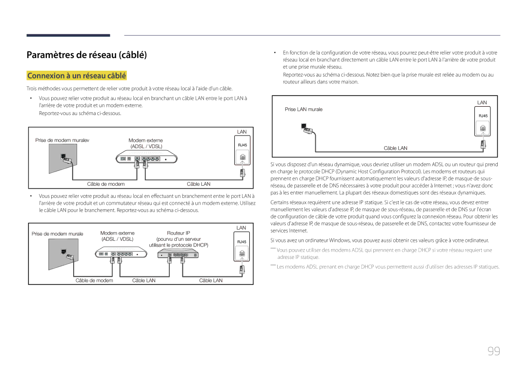 Samsung LH10DBDPLBC/EN manual Paramètres de réseau câblé, Connexion à un réseau câblé 