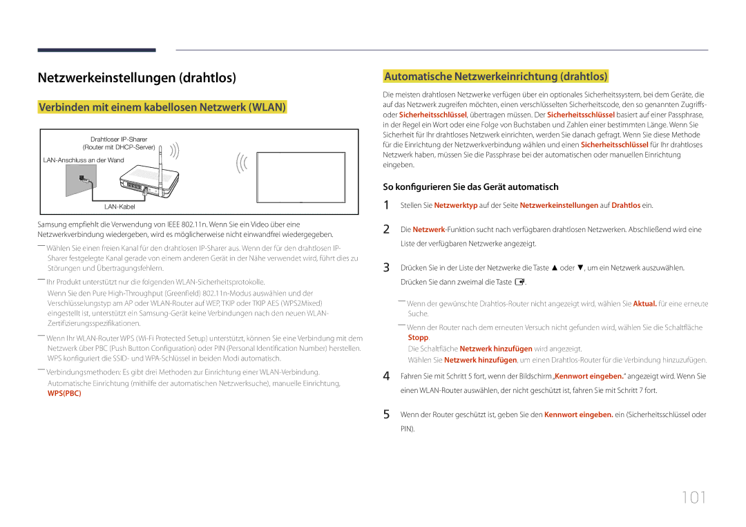 Samsung LH10DBDPLBC/EN manual 101, Netzwerkeinstellungen drahtlos, Verbinden mit einem kabellosen Netzwerk Wlan, Stopp 