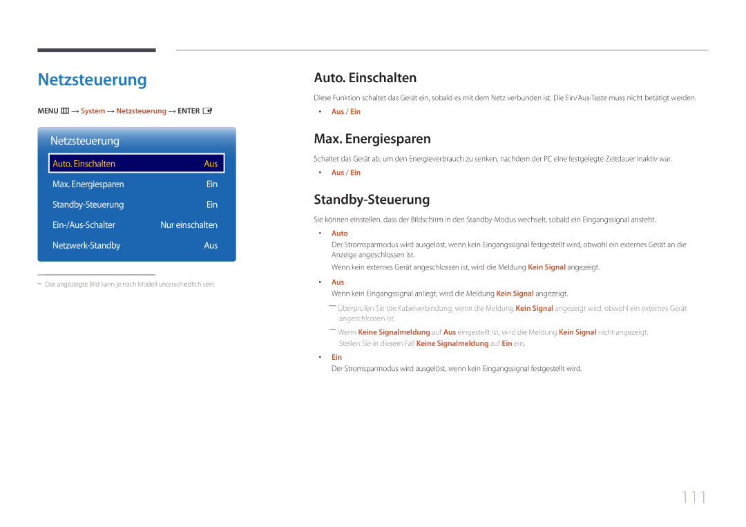 Samsung LH10DBDPLBC/EN manual Netzsteuerung, 111, Auto. Einschalten, Max. Energiesparen, Standby-Steuerung 