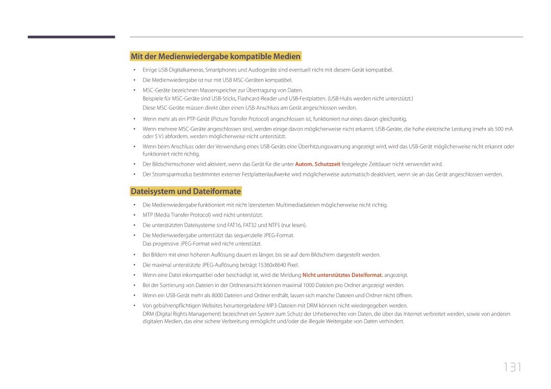 Samsung LH10DBDPLBC/EN manual 131, Mit der Medienwiedergabe kompatible Medien, Dateisystem und Dateiformate 