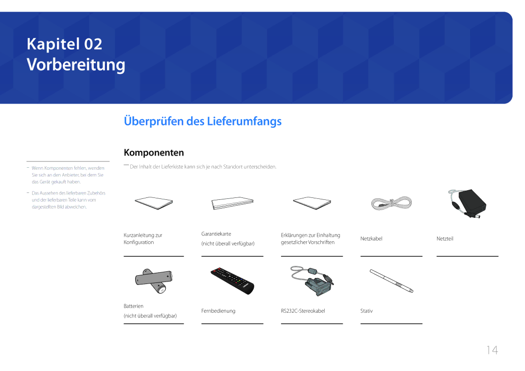 Samsung LH10DBDPLBC/EN manual Vorbereitung, Überprüfen des Lieferumfangs, Komponenten, Kurzanleitung zur Garantiekarte 