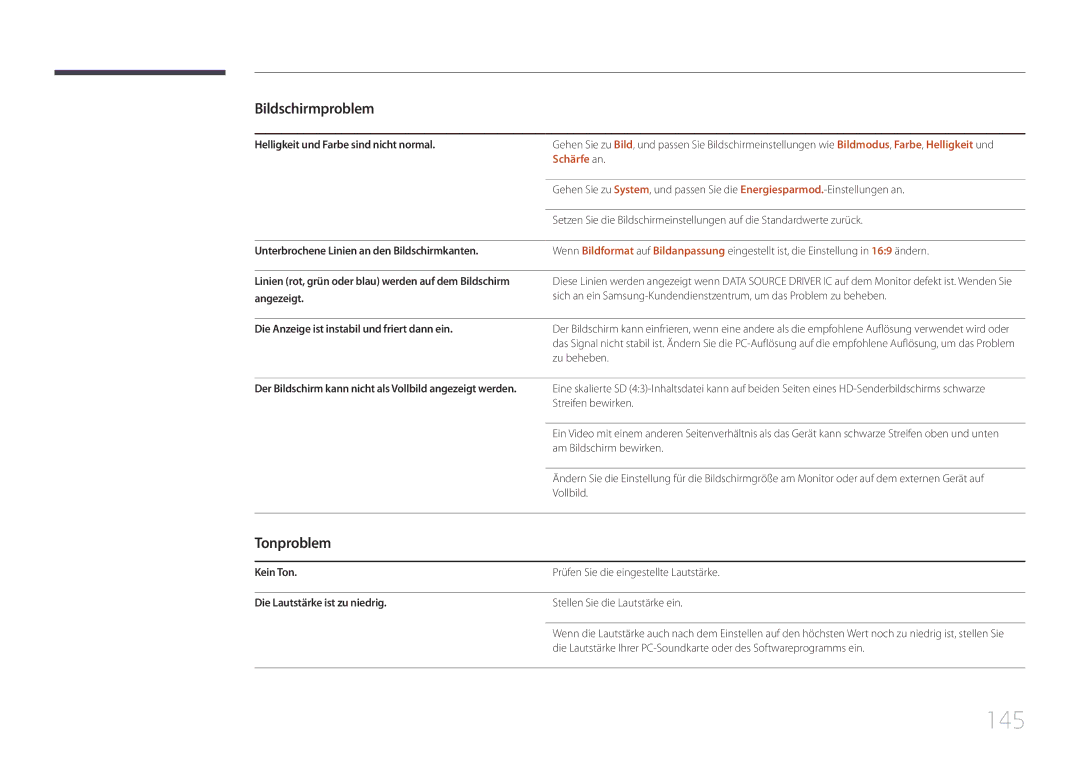 Samsung LH10DBDPLBC/EN manual 145, Tonproblem 