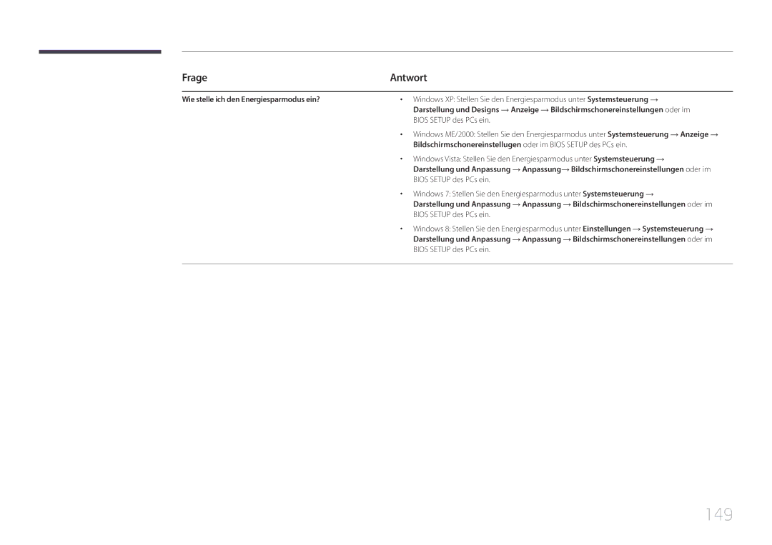 Samsung LH10DBDPLBC/EN manual 149, Frage, Wie stelle ich den Energiesparmodus ein? 