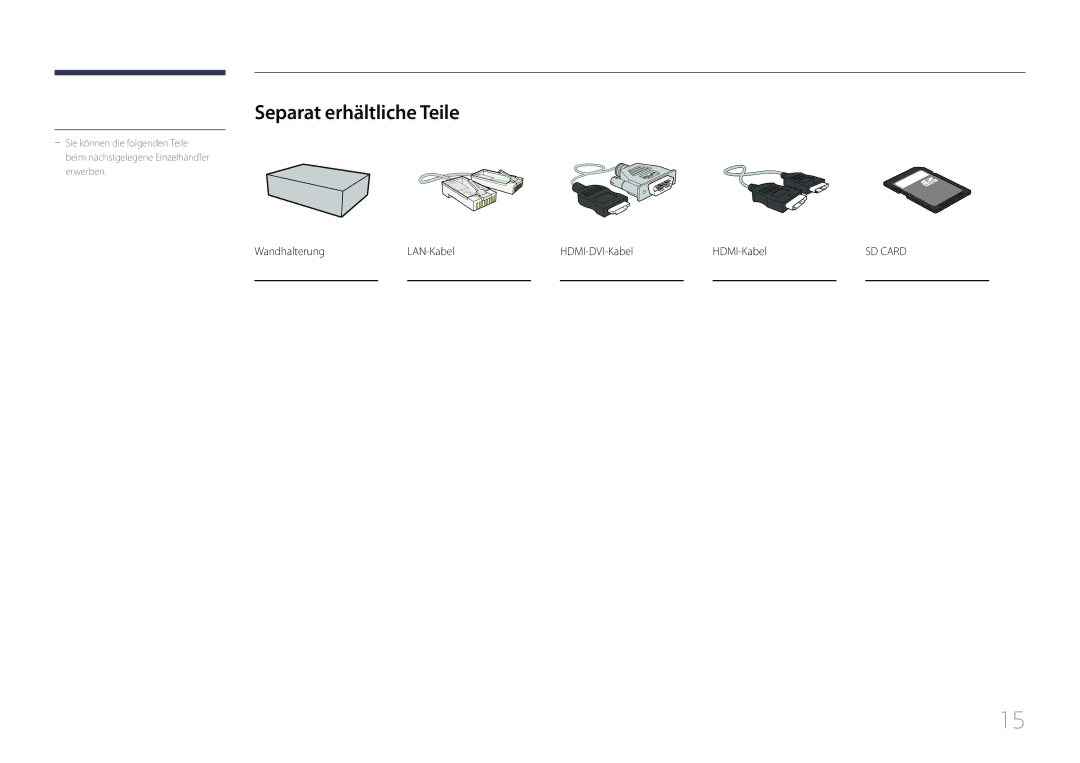 Samsung LH10DBDPLBC/EN manual Separat erhältliche Teile, Wandhalterung LAN-Kabel HDMI-DVI-Kabel HDMI-Kabel 