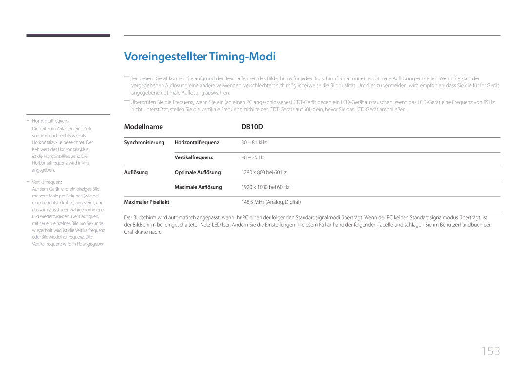 Samsung LH10DBDPLBC/EN manual Voreingestellter Timing-Modi, 153, 148,5 MHz Analog, Digital 