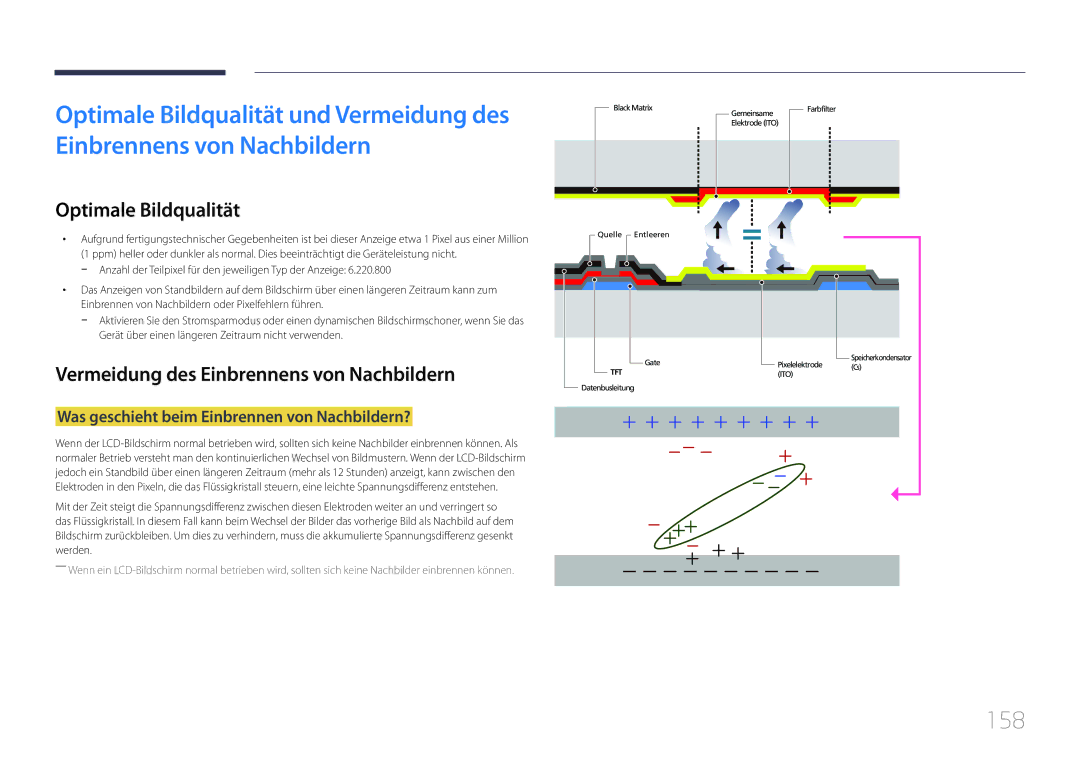 Samsung LH10DBDPLBC/EN manual 158, Optimale Bildqualität, Vermeidung des Einbrennens von Nachbildern 