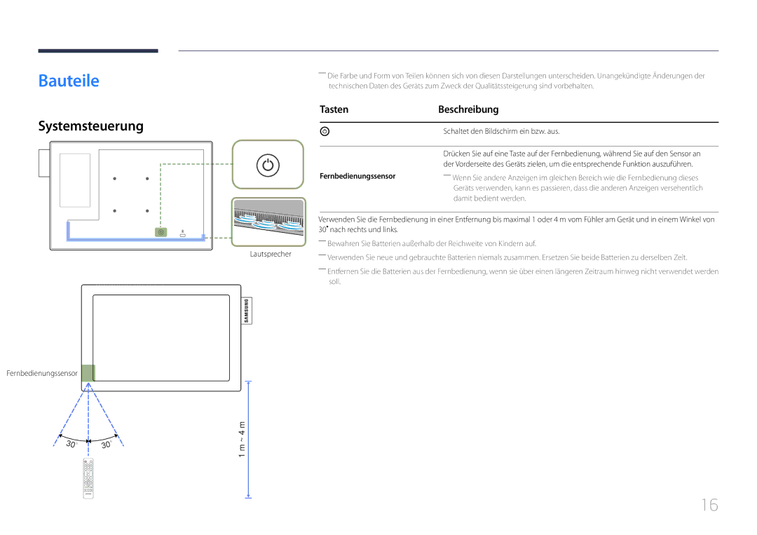 Samsung LH10DBDPLBC/EN manual Bauteile, Systemsteuerung, Tasten Beschreibung, Fernbedienungssensor 