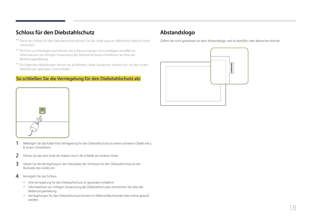 Samsung LH10DBDPLBC/EN manual Schloss für den Diebstahlschutz, So schließen Sie die Verriegelung für den Diebstahlschutz ab 