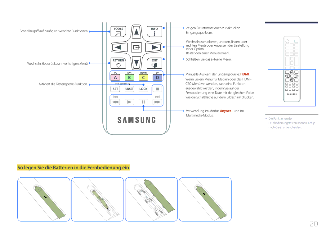 Samsung LH10DBDPLBC/EN manual So legen Sie die Batterien in die Fernbedienung ein, Aktiviert die Tastensperre-Funktion 