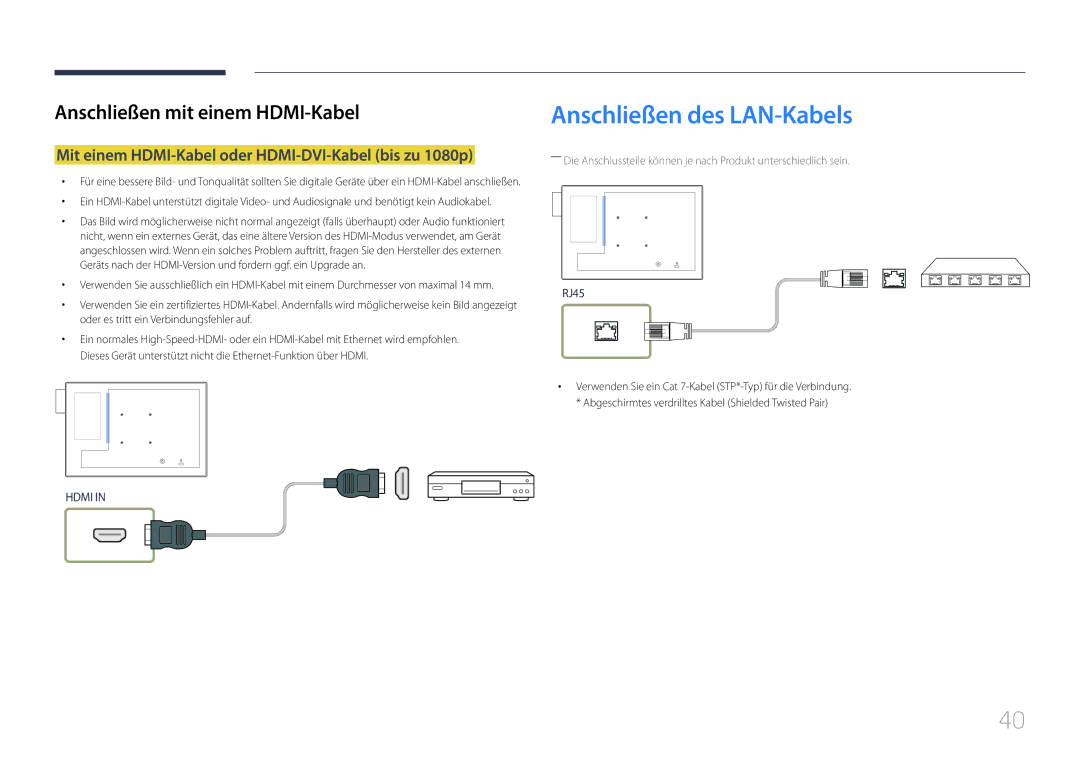 Samsung LH10DBDPLBC/EN manual Anschließen des LAN-Kabels, Mit einem HDMI-Kabel oder HDMI-DVI-Kabel bis zu 1080p 