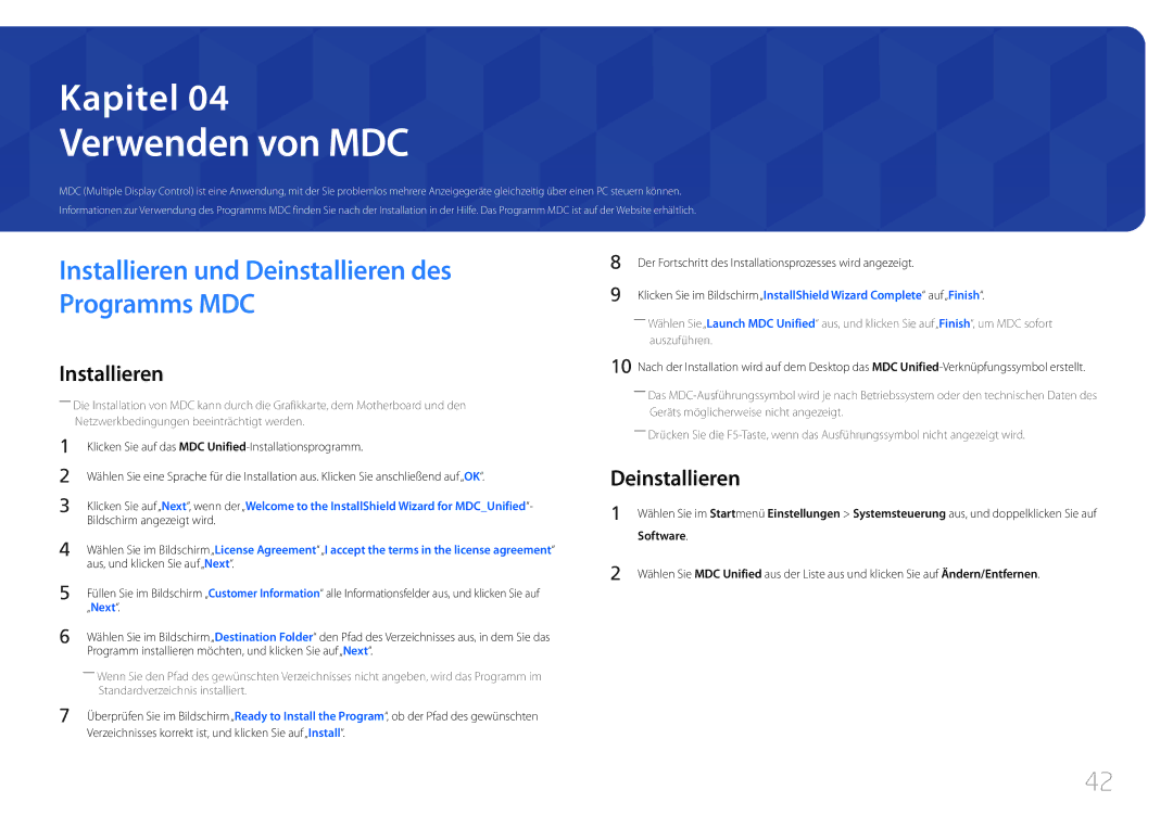 Samsung LH10DBDPLBC/EN manual Verwenden von MDC, Deinstallieren, Software 