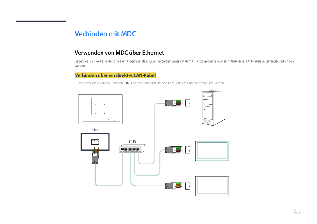 Samsung LH10DBDPLBC/EN manual Verbinden mit MDC, Verwenden von MDC über Ethernet, Verbinden über ein direktes LAN-Kabel 